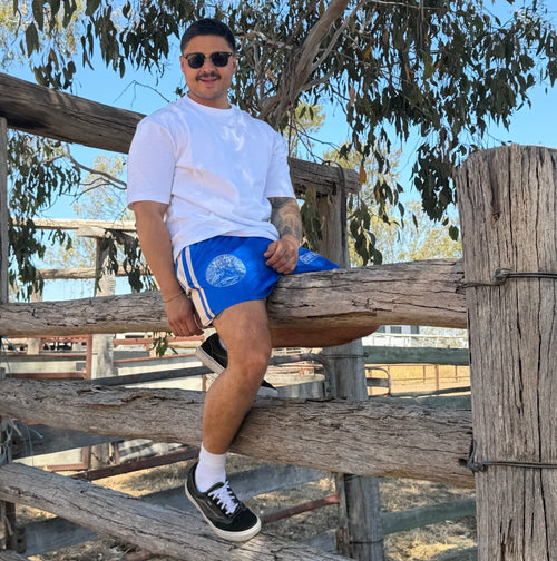 Adult - Barb Wire Footy Shorts - Blue & Cream